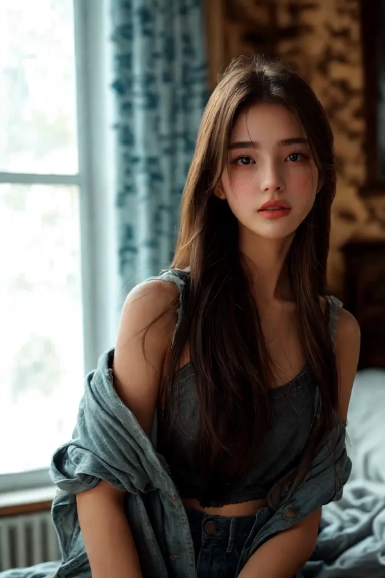 new image, beautiful woman, detailed face,warm atmosphere,at home, bedroom with IC Light AI