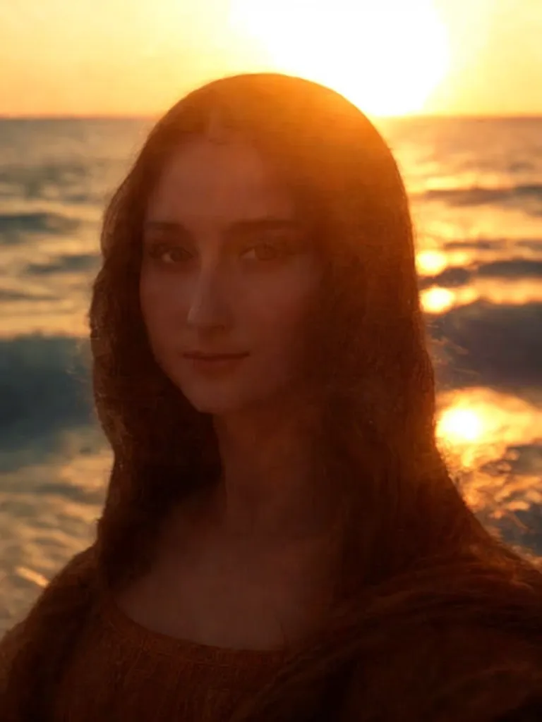 new image, beautiful woman, detailed face,sunset over sea with IC Light AI
